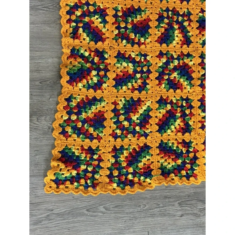 Vintage Orange Granny Square Handmade Crochet Knit Afghan Throw Blanket 46x66